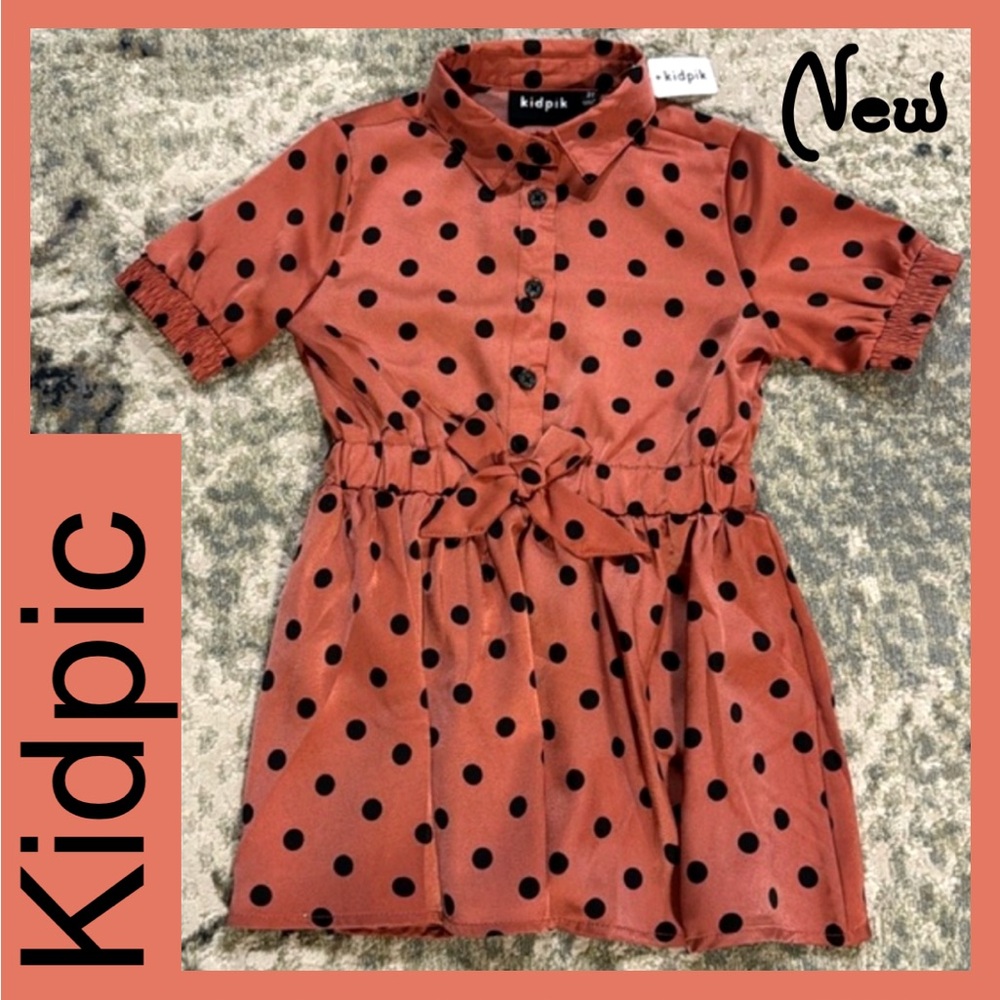 NWT ~ Kidpic Deep Coral Dress Short Sleeved with Black Polka Dots ~ Sz 3T